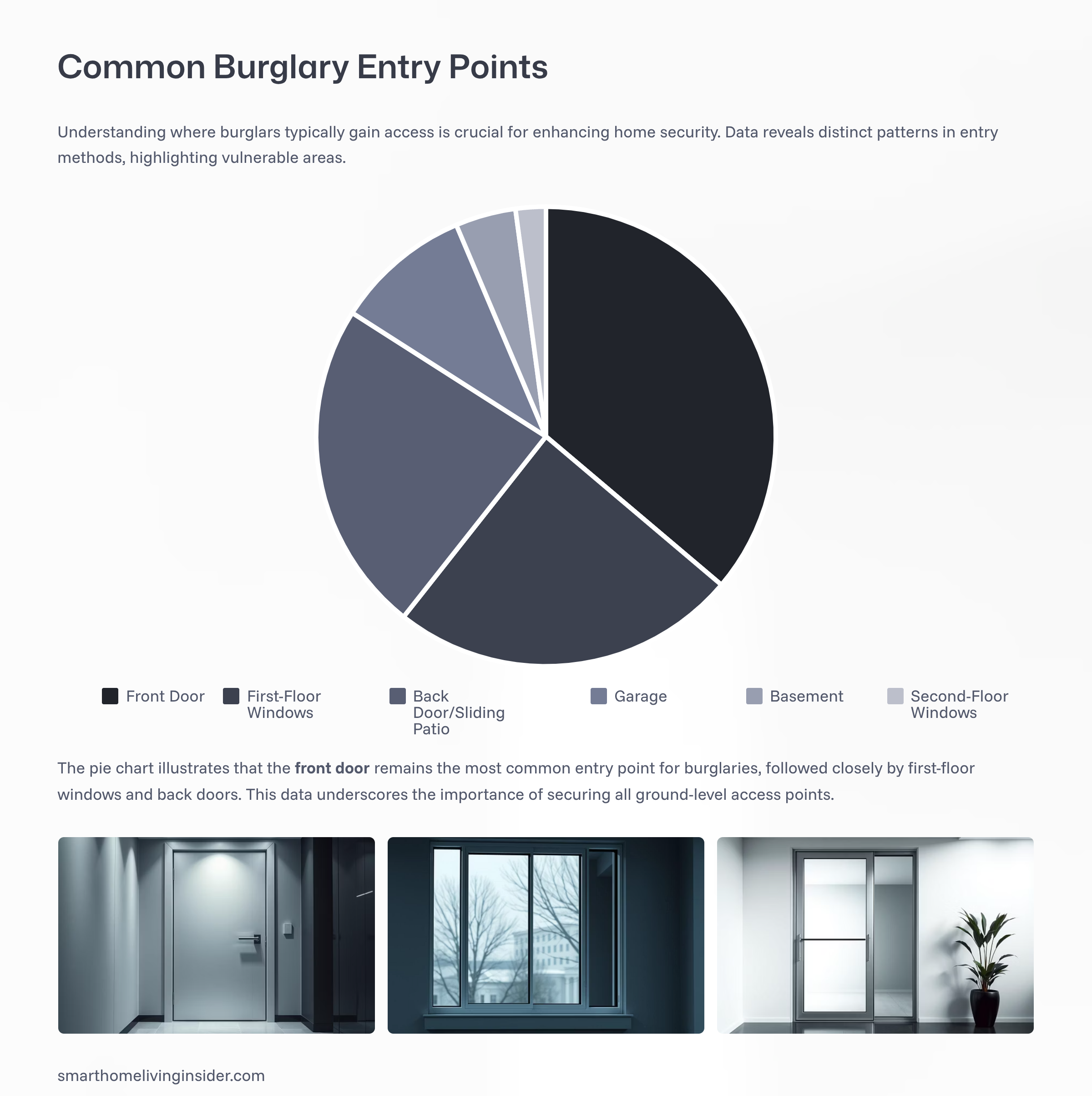 Pie chart showing burglary entry points: 34% front door, 23% first-floor windows, 22% back door, 9% garage, 4% basement, 2% second-floor windows.
