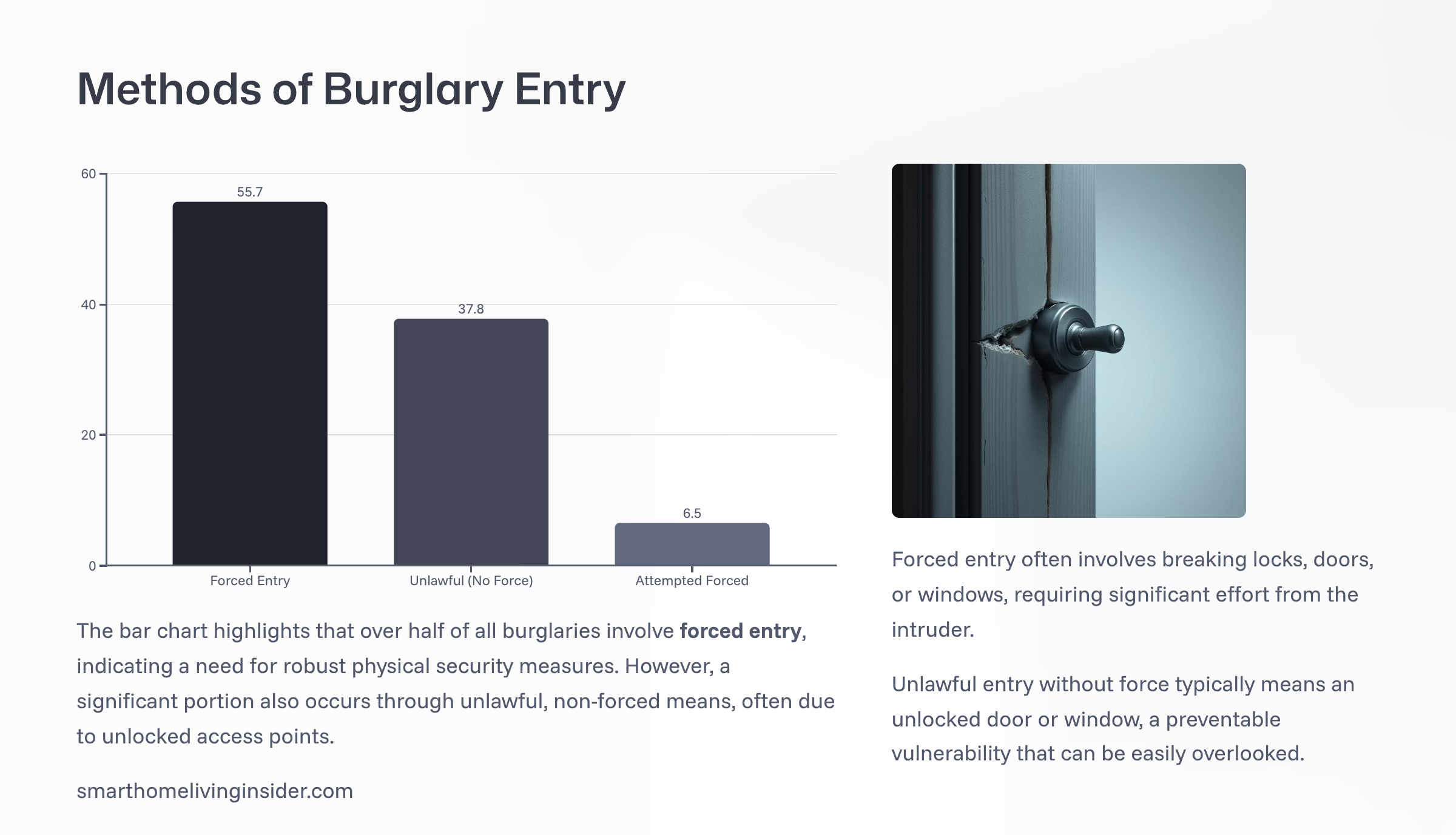 Bar chart showing burglary methods: 55.7% forced entry, 37.8% unlawful entry, 6.5% attempted forced entry