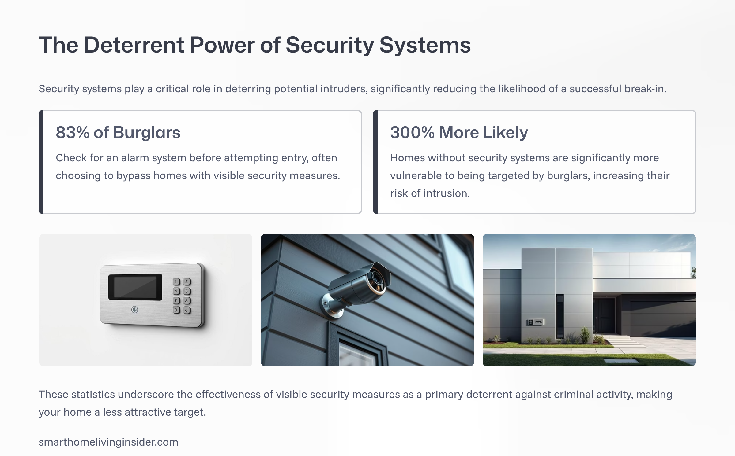 Security statistics: 83% of burglars check for alarms before entry; homes without security are 300% more likely to be targeted.