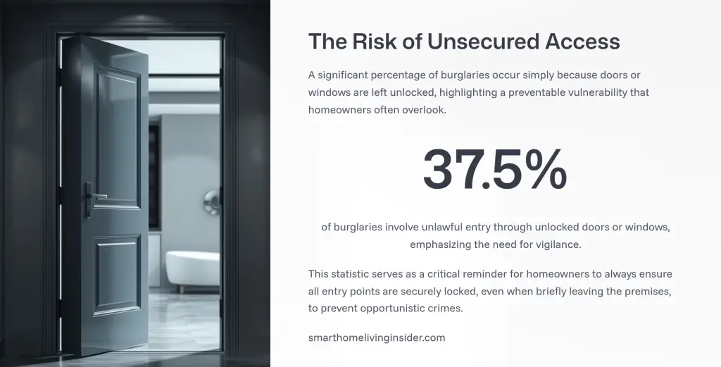 Infographic showing that 37.5% of burglaries involve unlawful entry through unlocked doors or windows.