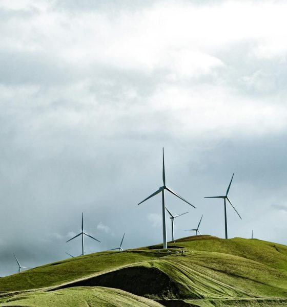 Wind turbines on lush hills with a dramatic cloudy sky, symbolizing clean energy and sustainability.